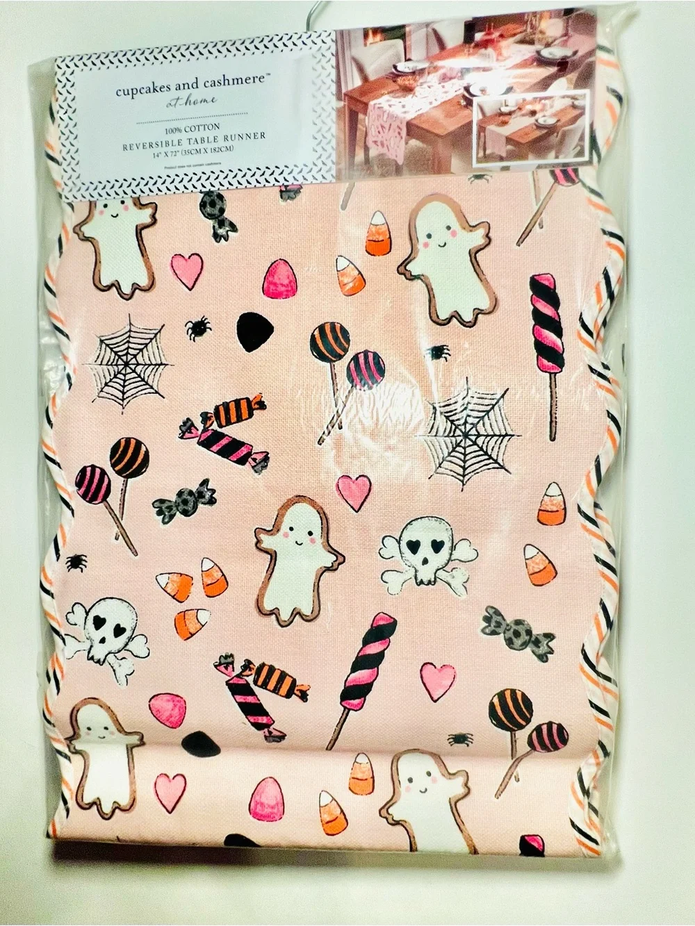 Pink Halloween Creepy Confections Reversible Table Runner Cookies Candy
